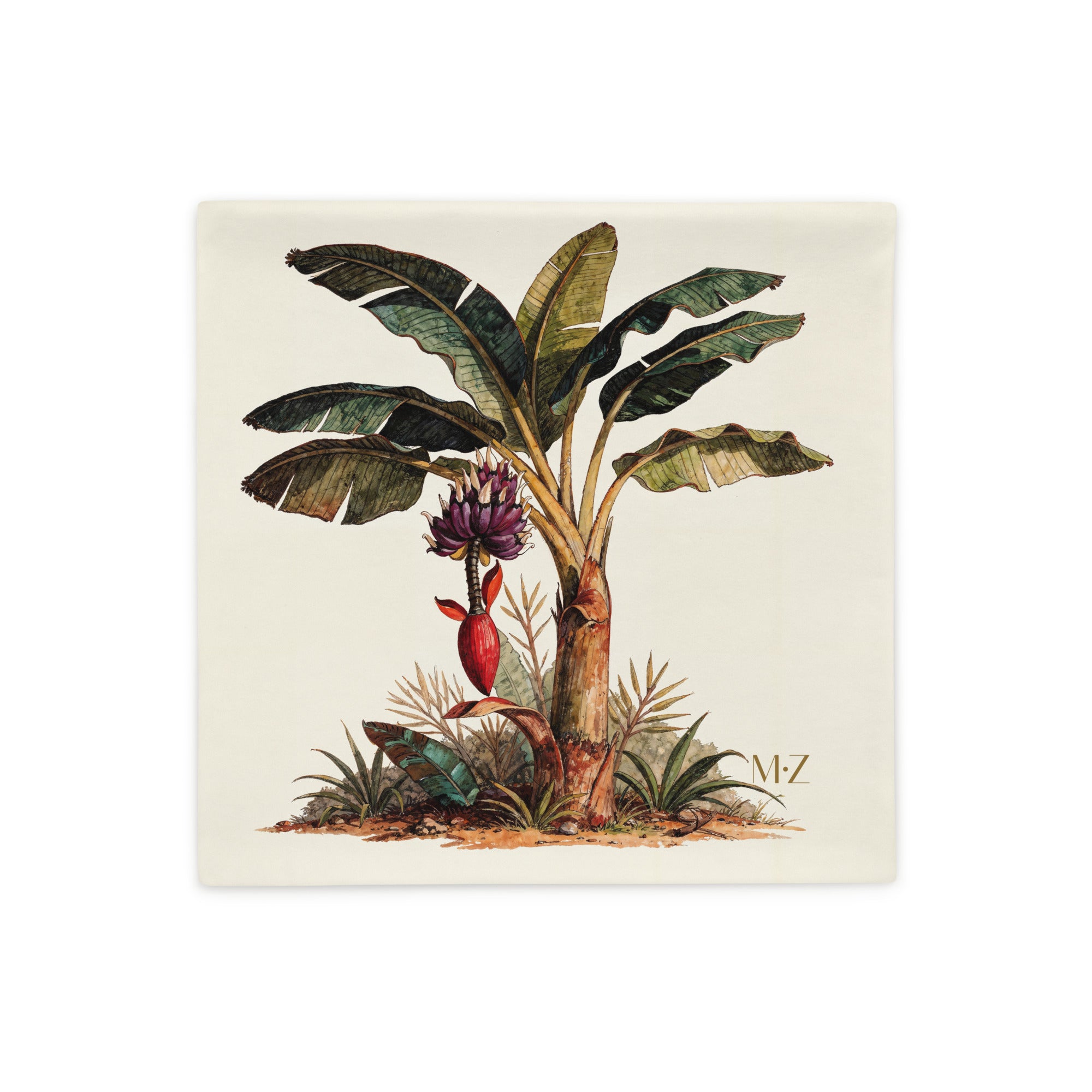 Housse de Coussin satinée MZelle Design, impression avec Motif un tropical de  bananier sur fond écru