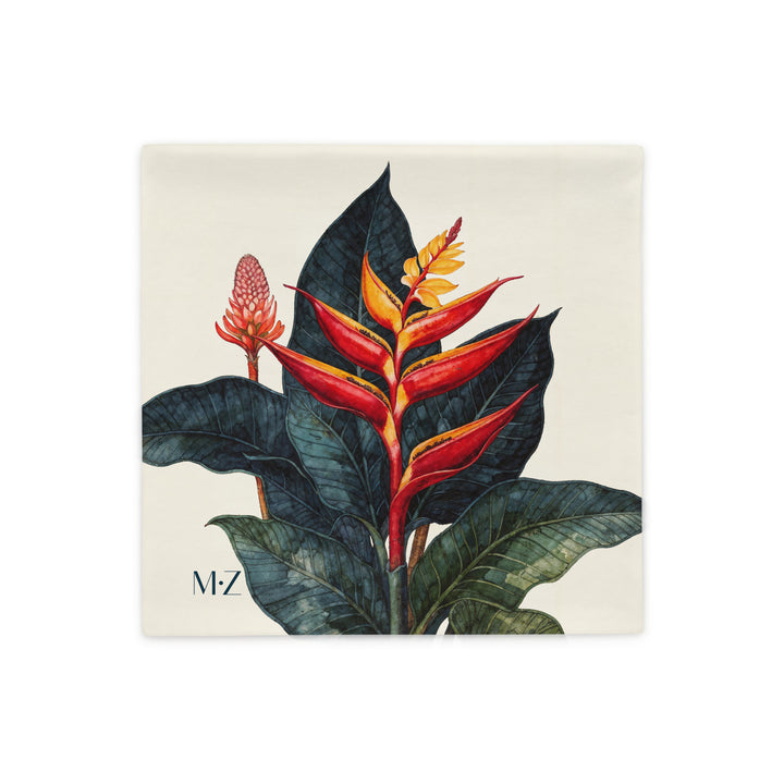 Housse de coussin décoration tropicale mzelle design, motif aquarelle case créole colorée et fleurs exotique sur fon écru