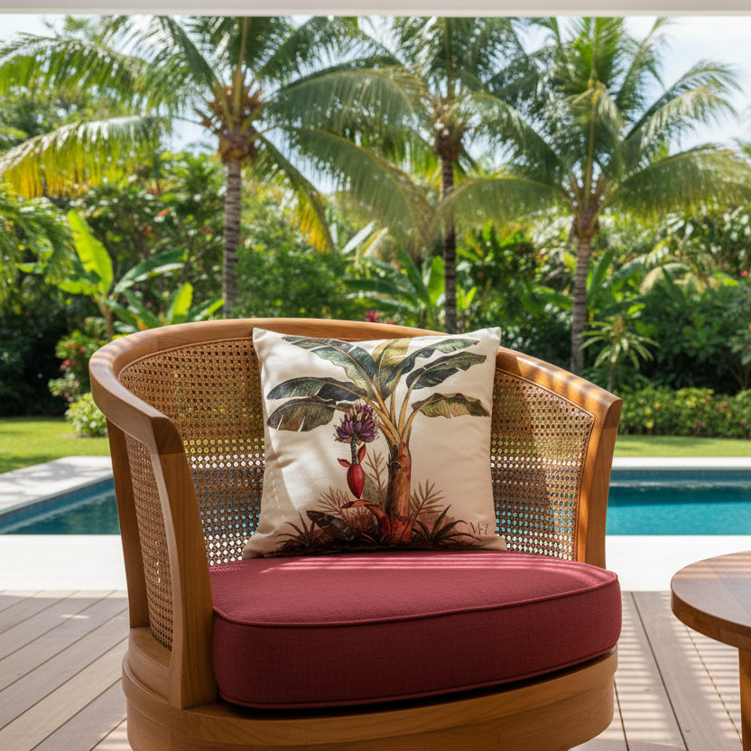 Scène de décoration extérieur, vue de face d'un superbe fauteuil arrondi en bois verni, dossier en cannelage, assise en lin rouge foncé, orné du coussin carré imprimé au centre, arrière plan jardin luxuriant et piscine
