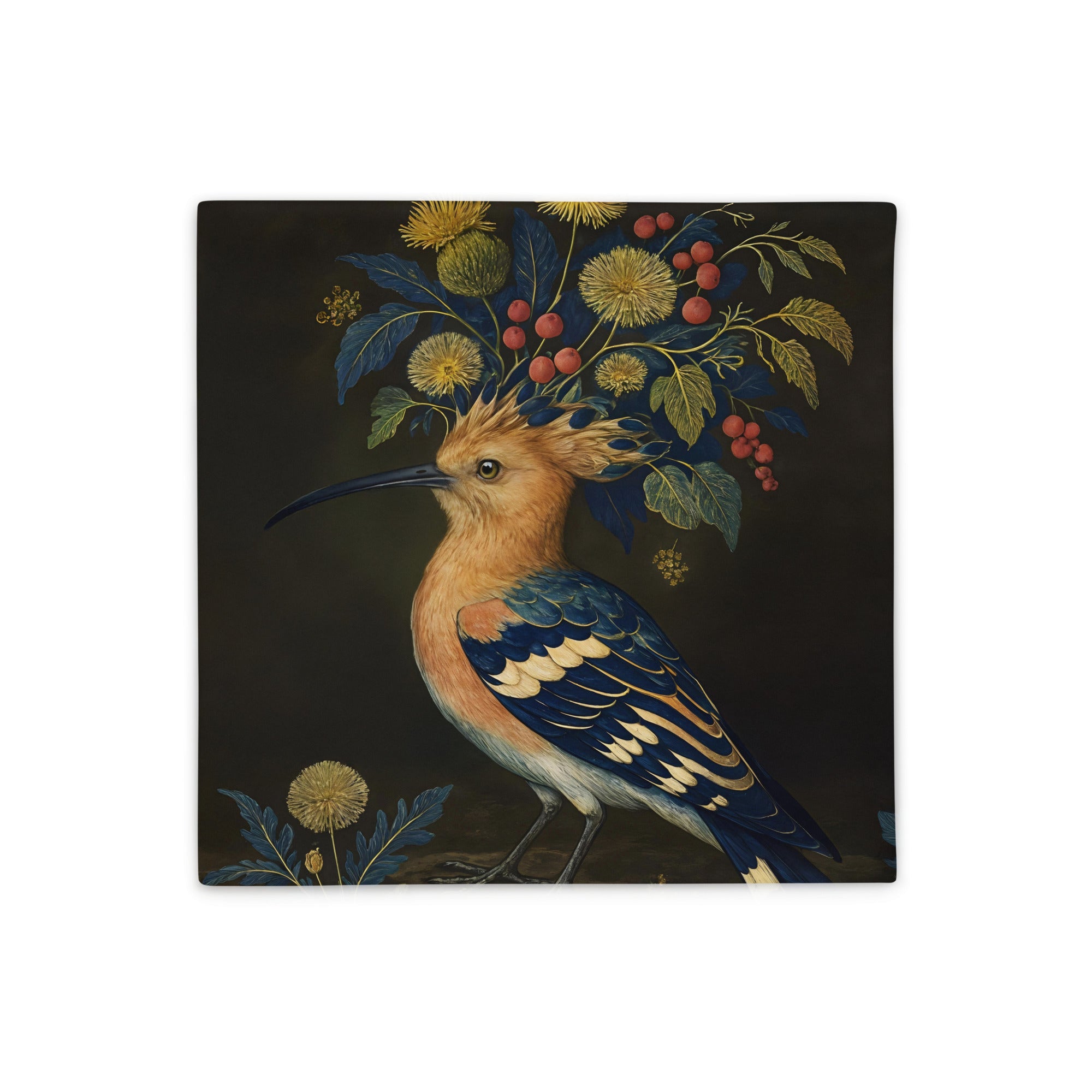 taie de Coussin décoration OISEAUX Mzelle Design avec une Huppe au Panache Floral artistique sur fond marron chocolat