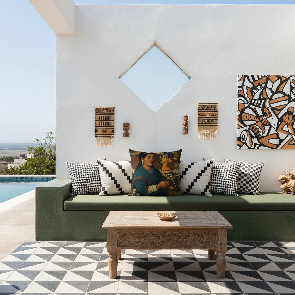 Photo professionnelle de décoration d'intérieur, une fenêtre en forme de losange donnant sur la piscine et un canapé encastré vert foncé avec des assises en coton orné d'un large coussin carré.  