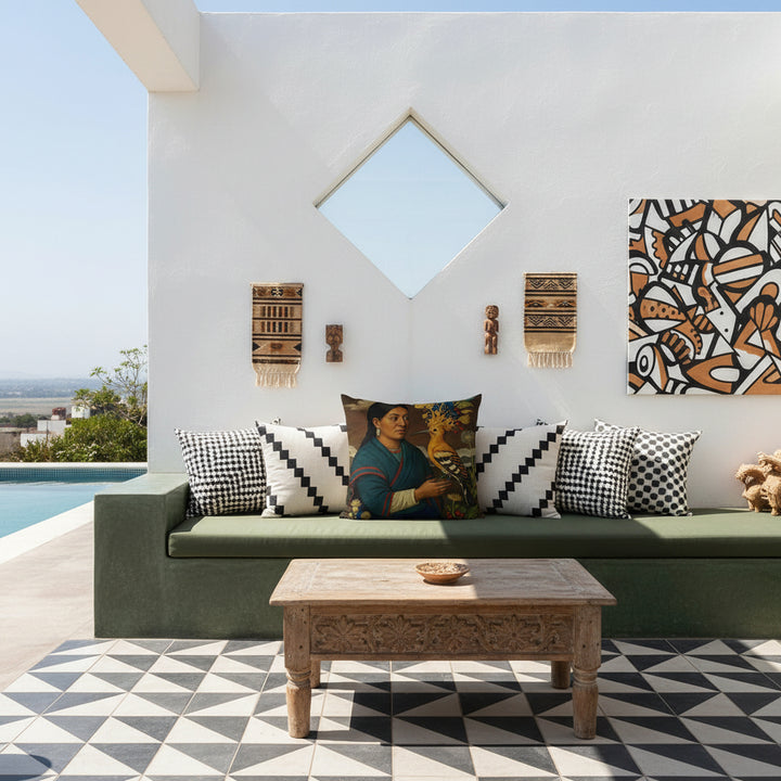 Photo professionnelle de décoration d'intérieur, une fenêtre en forme de losange donnant sur la piscine et un canapé encastré vert foncé avec des assises en coton orné d'un large coussin carré.  