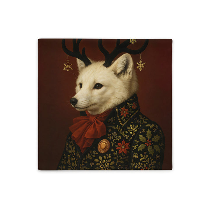 Housse de coussin Noël Mzelle design,  renard polaire aux bois ornés de flocons dorés , raffinement hivernal et touche féerique sur fond rouge foncé