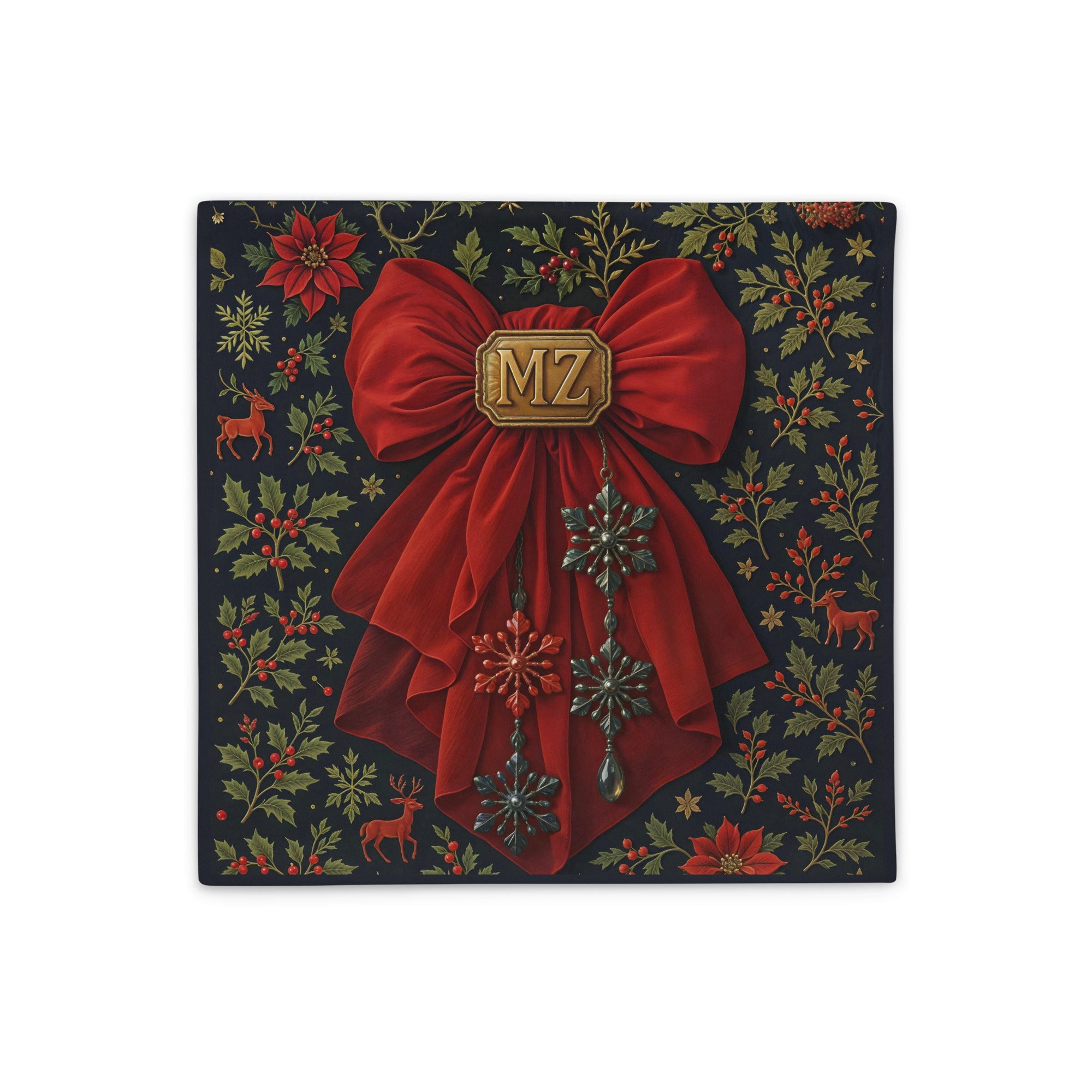 Housse de coussin Mzelle Design, décor Noël, motif poinsettia et ruban étoile, rouge et bleu nuit