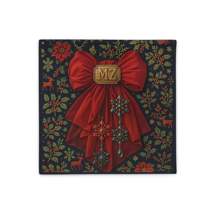Housse de coussin Mzelle Design, décor Noël, motif poinsettia et ruban étoile, rouge et bleu nuit