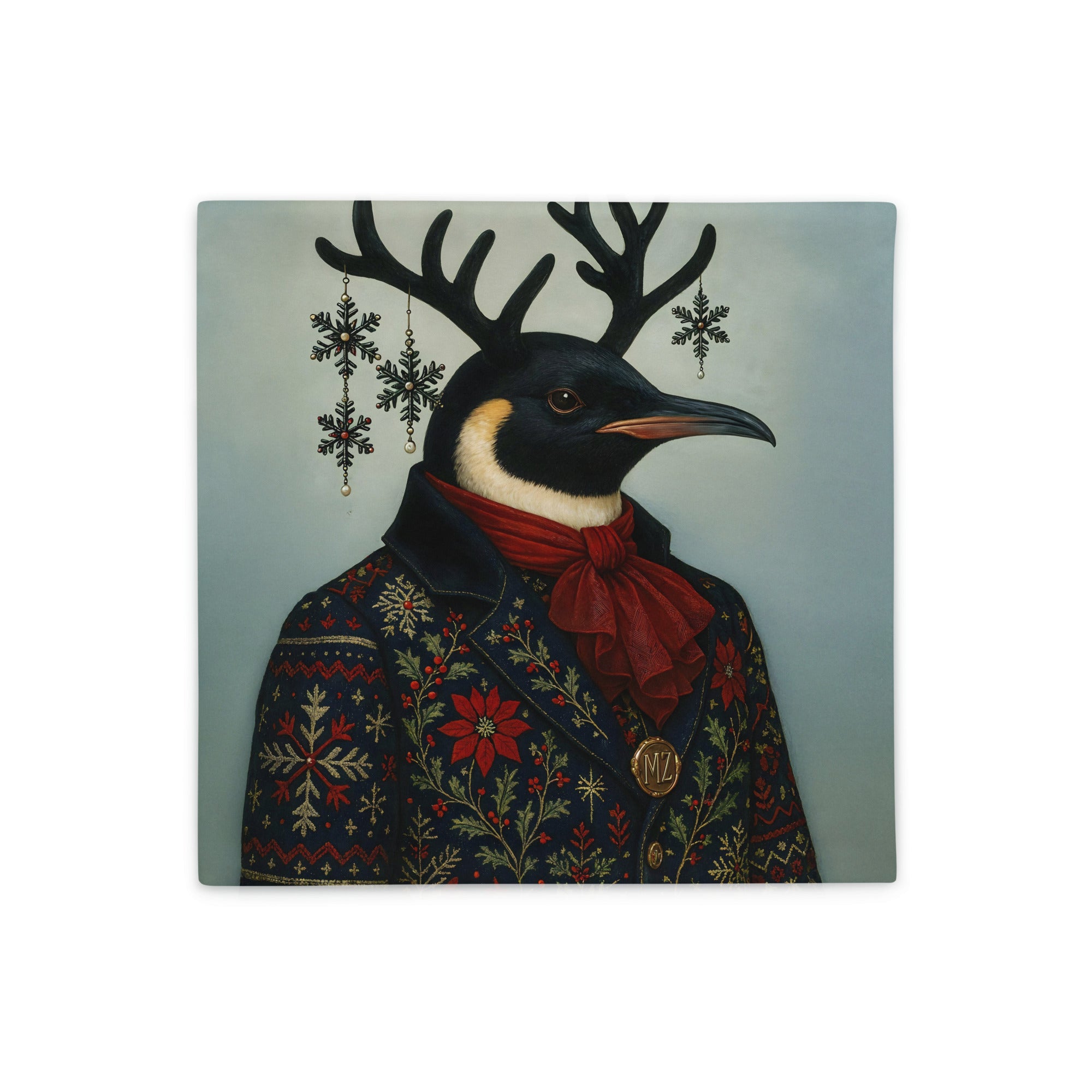 housse de Coussin décoratif de Noël Mzelle Design, Pingouin en habit d’apparat jacquard, imprimé Noël raffiné, charme nordique et esprit festif 