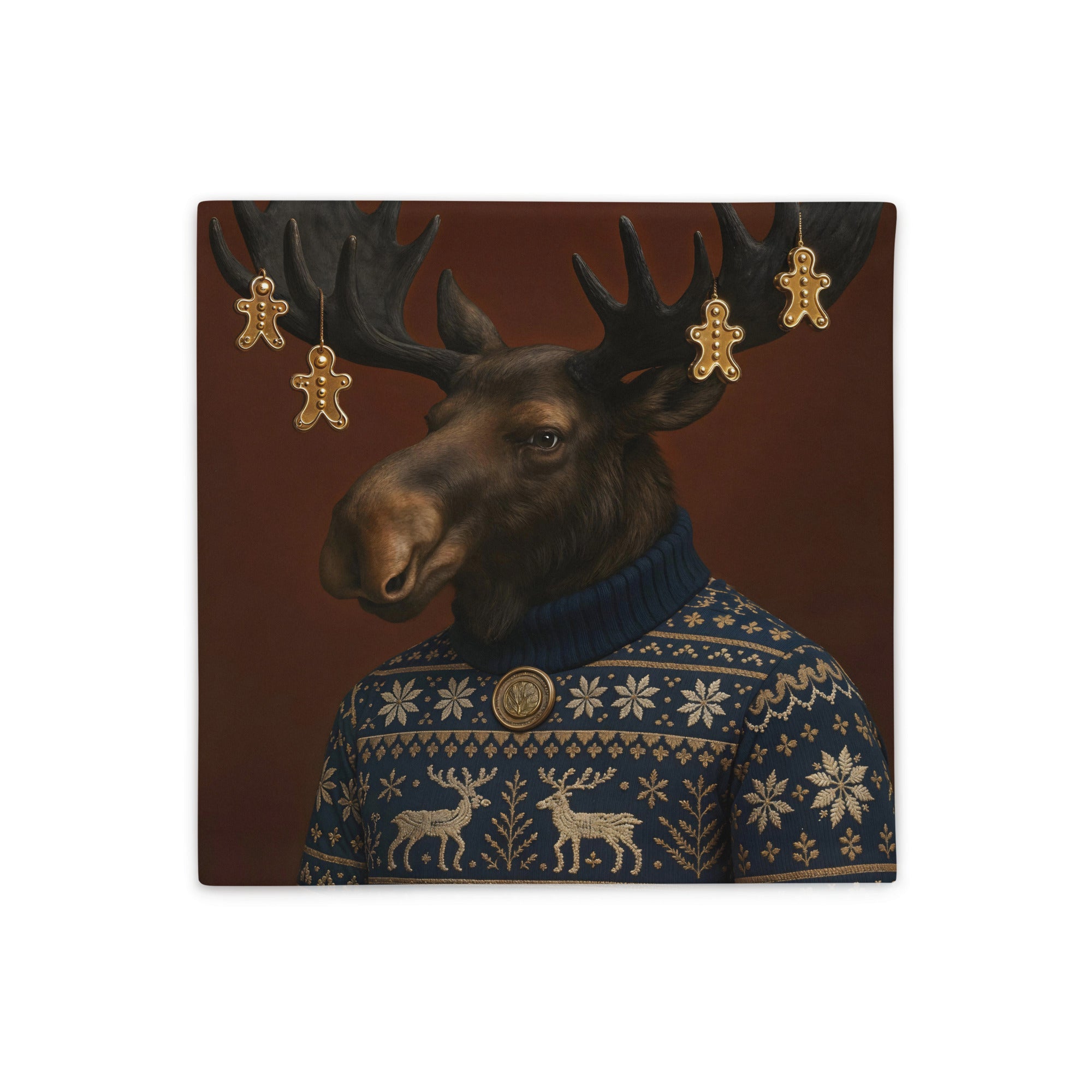 Housse de Coussin décoratif de Noël Mzelle Design, Caribou en pull de Noël jacquard, charme nordique et esprit festif , pains d'épices 