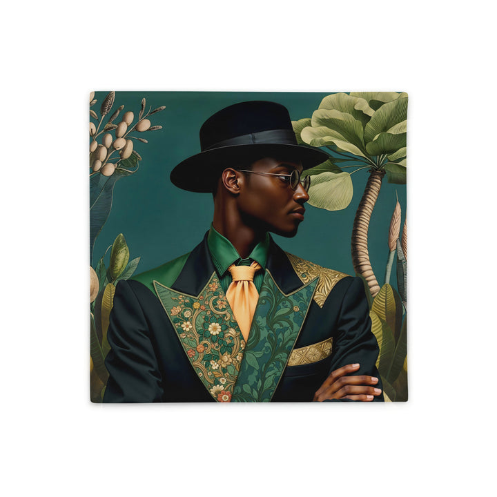 Housse de Coussin Mzelle Design thème AFRIQUE portrait de Sapeur congolais, bel homme en costume original, chapeau et lunettes, végétation sur fond bleu-vert, décoration chic