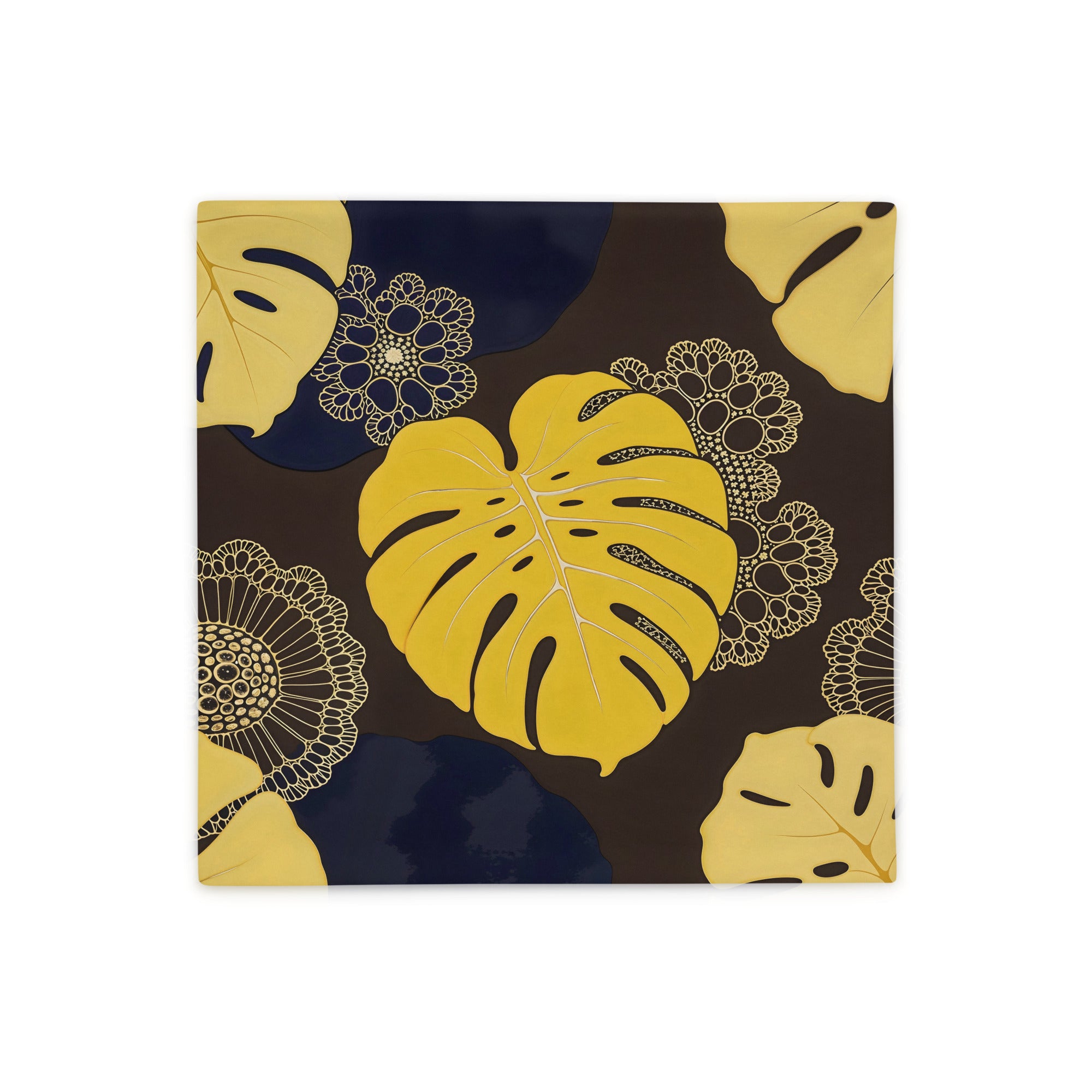 housse de Coussin MZelle Design imprimé de feuilles de Monstera Deliciosa Jaune sur fond marron et motifs floral écru