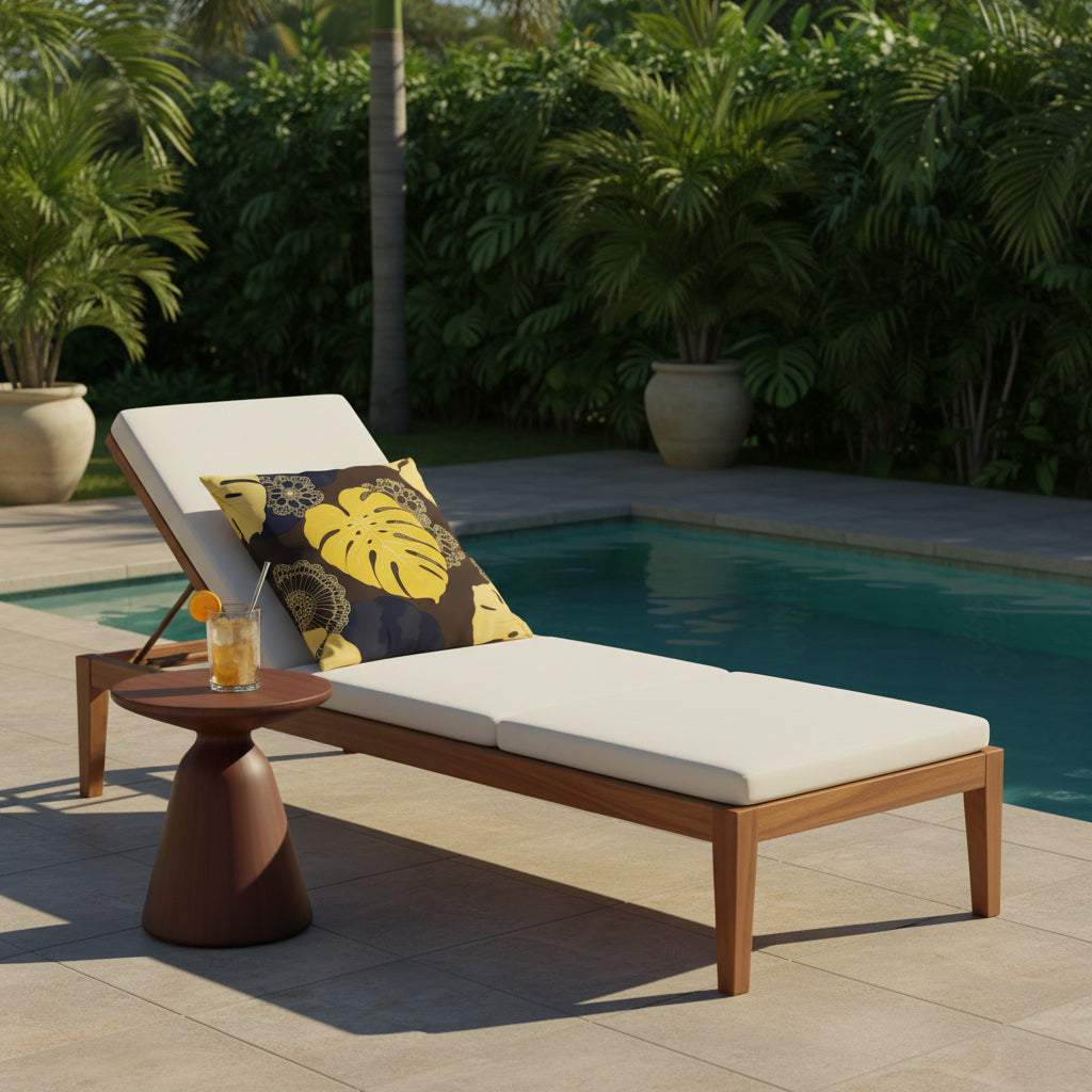 Transat au bord d'une piscine, avec un Coussin MZelle Design imprimé de feuilles de Monstera Deliciosa Jaune sur fond marron et motifs floral écru