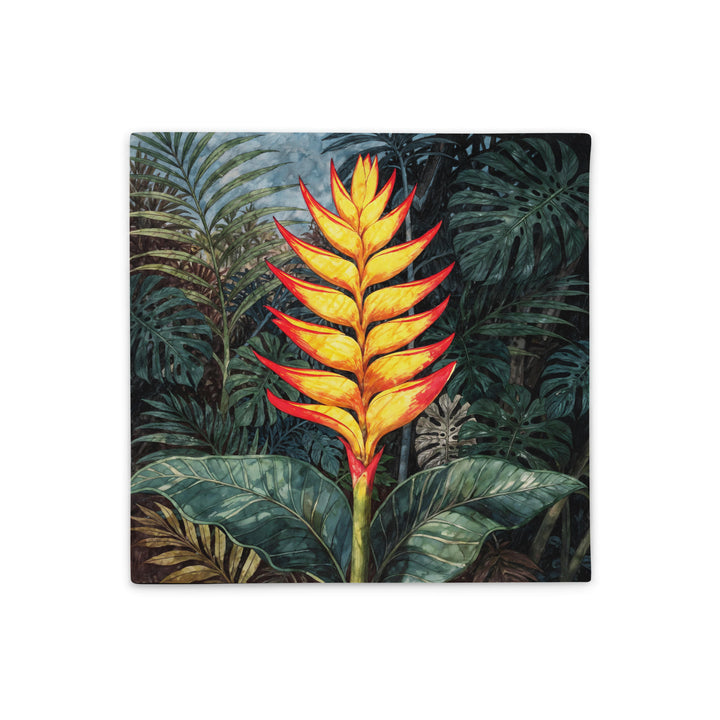 Housse de Coussin Mzelle Design Décoration Tropicale Motif de Fleur de Balisier Héliconia sur un fond de feuilles style aquarelle