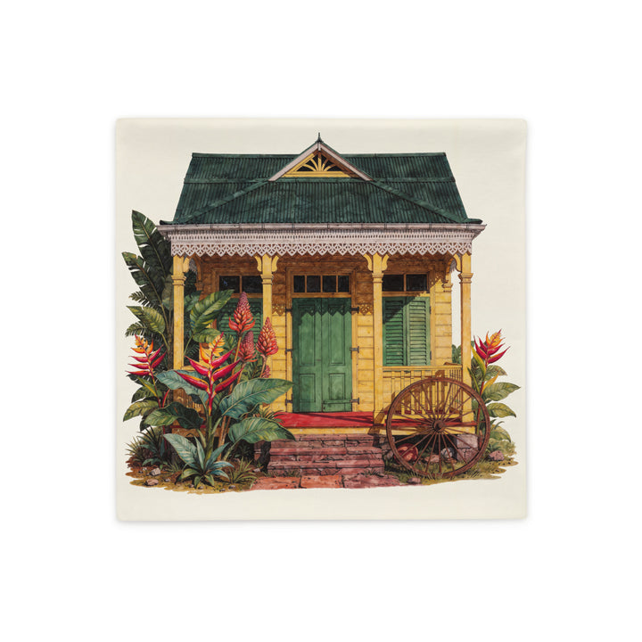 Housse de coussin décoration tropicale mzelle design, motif aquarelle case créole colorée et fleurs exotique sur fon écru