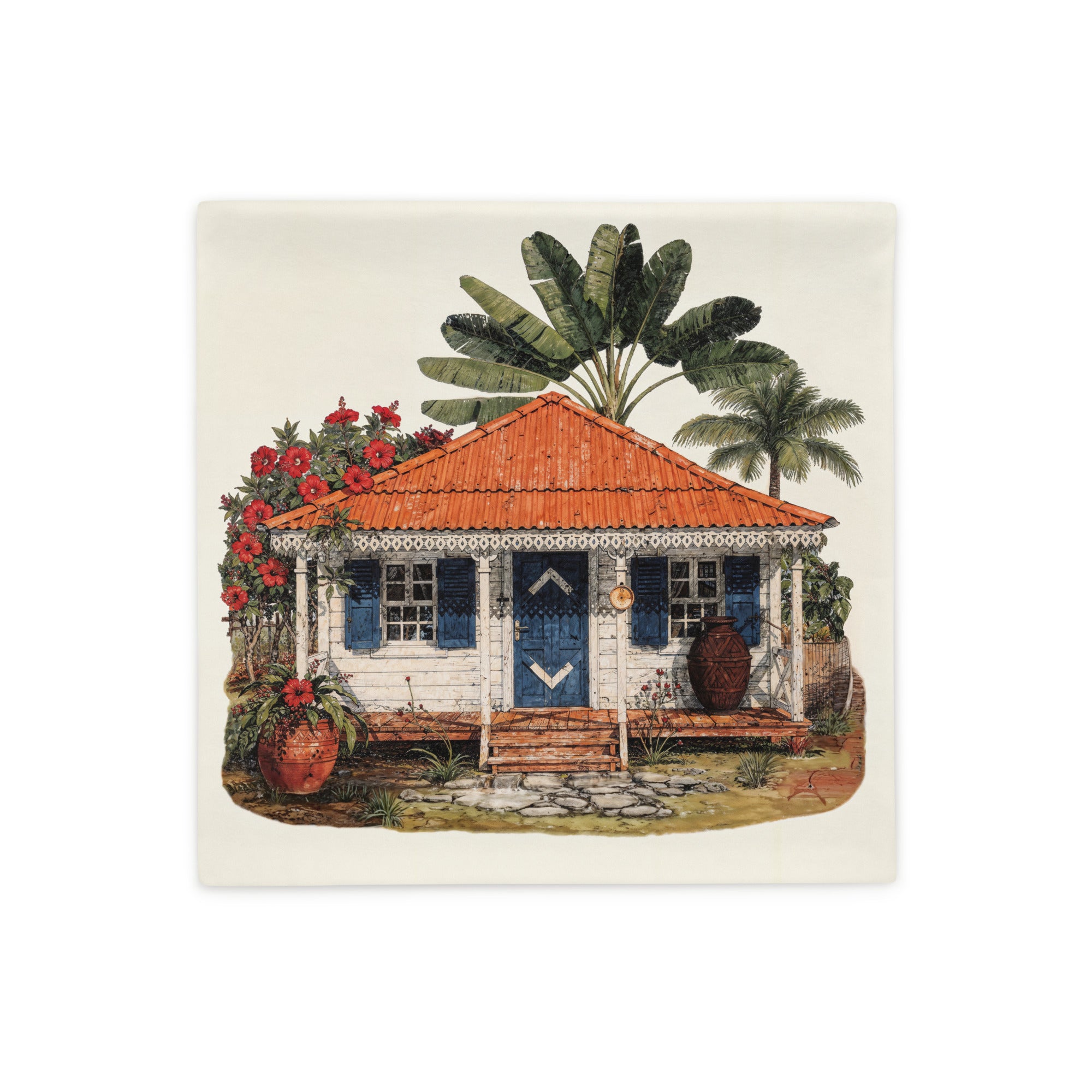 Housse de Coussin Décoration exotique MZelle Design, Imprimé maison créole dans un jardin tropical sur fond écru