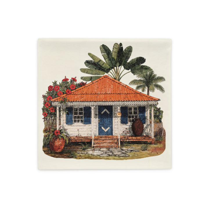 Housse de Coussin Décoration exotique MZelle Design, Imprimé maison créole dans un jardin tropical sur fond écru