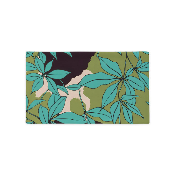 Housse de coussin décorative satinée MZelle Design format rectangle  imprimée eucalyptus fantaisie moderne coloris vifs turquoise et vert.