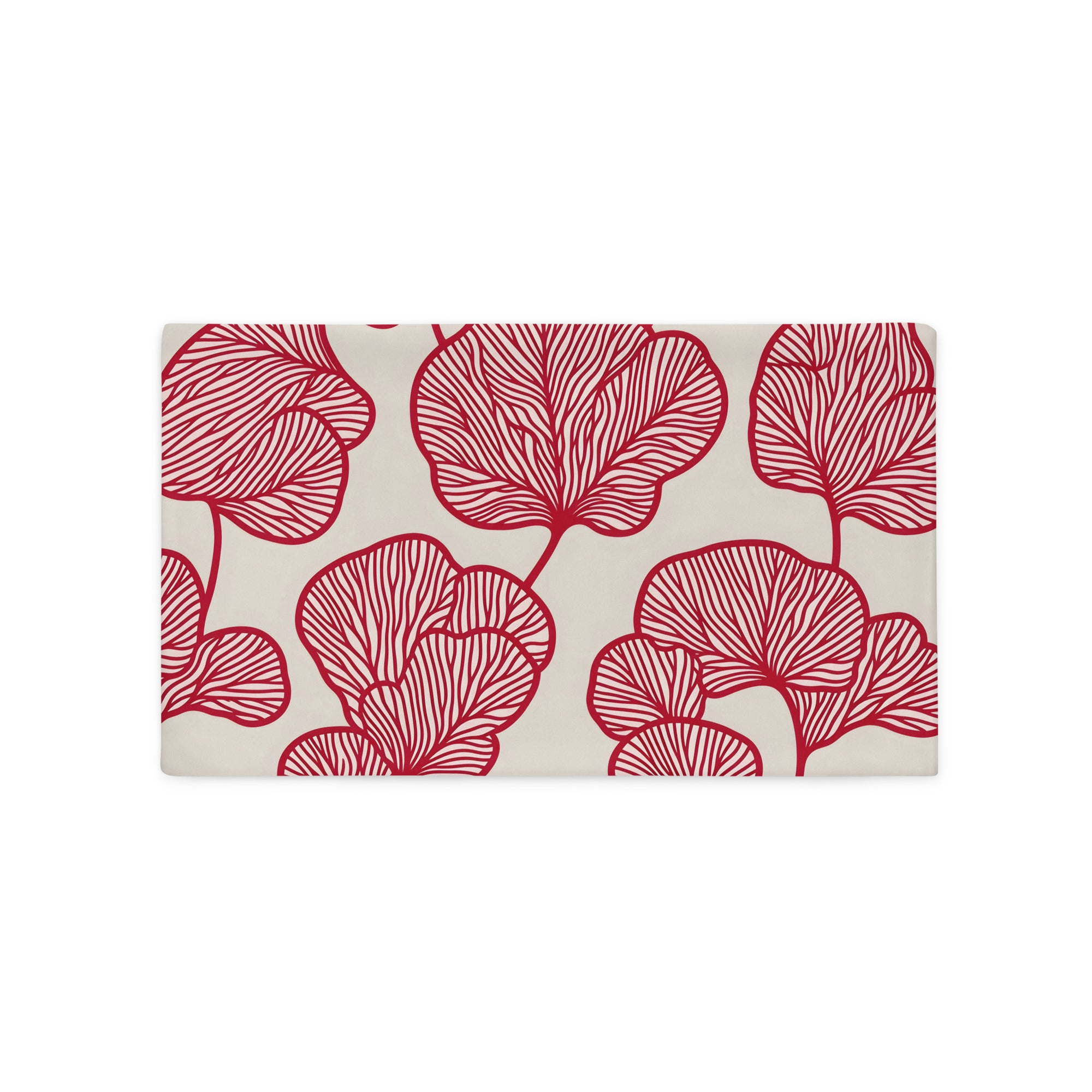 Housse de Coussin rectangulaire motif Feuille de Ginkgo stylisée. rouge sur fond écru, Mzelle Design.