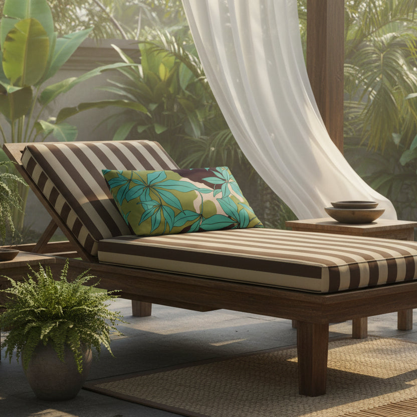 décoration extérieur chaise longue avec un coussin  MZelle Design format rectangle  imprimé eucalyptus fantaisie moderne coloris vifs turquoise et vert.