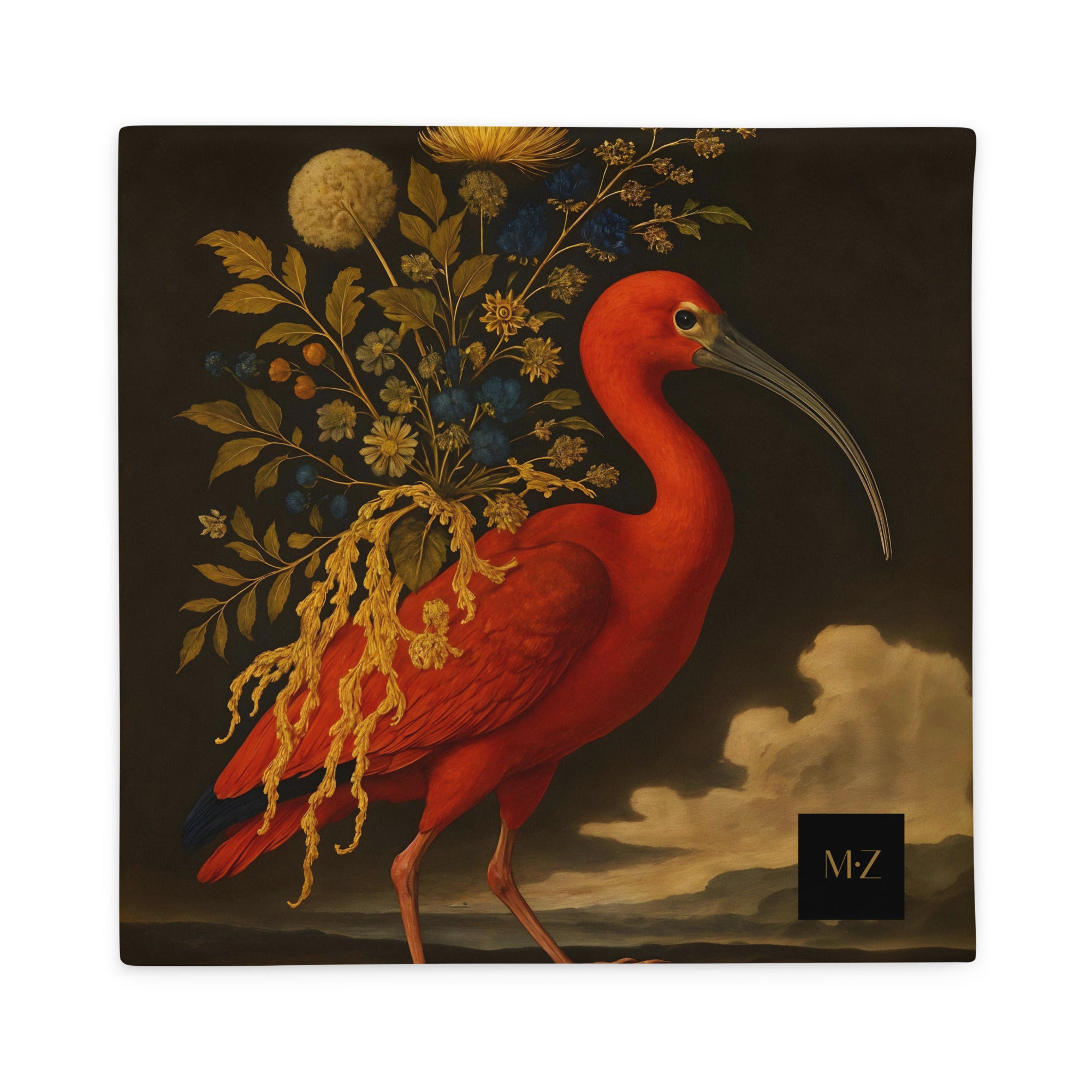 Housse de coussin avec un superbe oiseau Ibis rouge orné de fleurs et feuilles Marque MZelle Design
