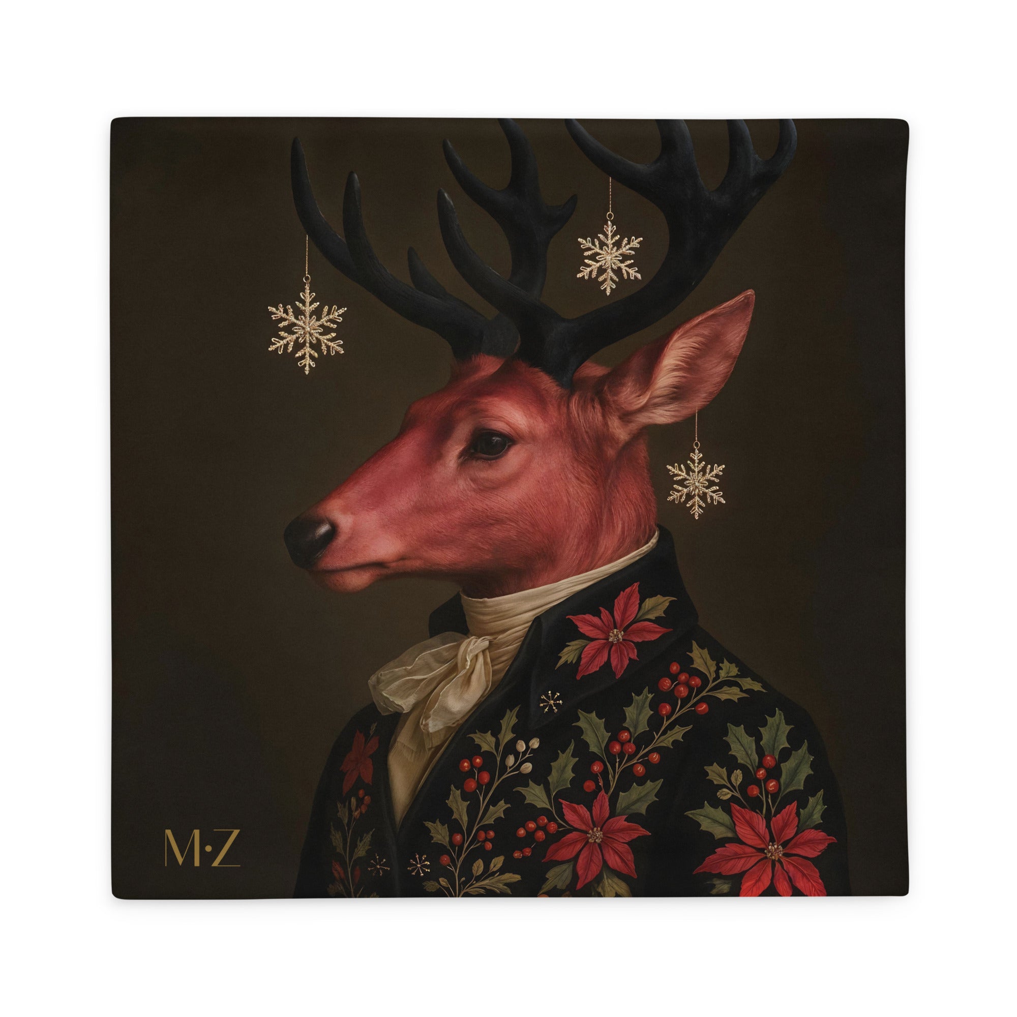 Housse de Coussin de Noël MZelle Design, Cerf rose onirique en costume de fête, housse de coussin Noël surprenante, touche artistique et poétique 