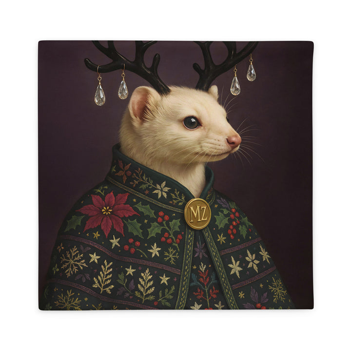 Housse de Coussin de NOËL marque MZelle Design, motif Hermine ornée de cristaux décoratifs sur fond violet et cape brodée