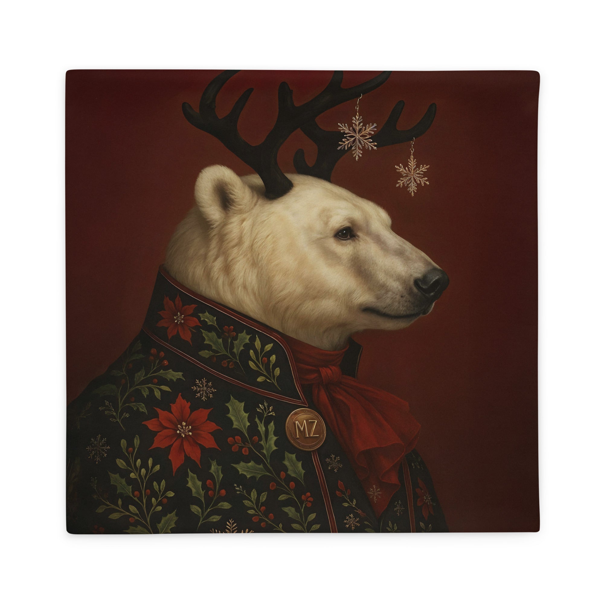 Housse de Coussin thème NOËL Mzelle Design, motif Grand Ours Polaire Balthazar  en tenue brodée motifs festifs sur fond rouge bordeaux