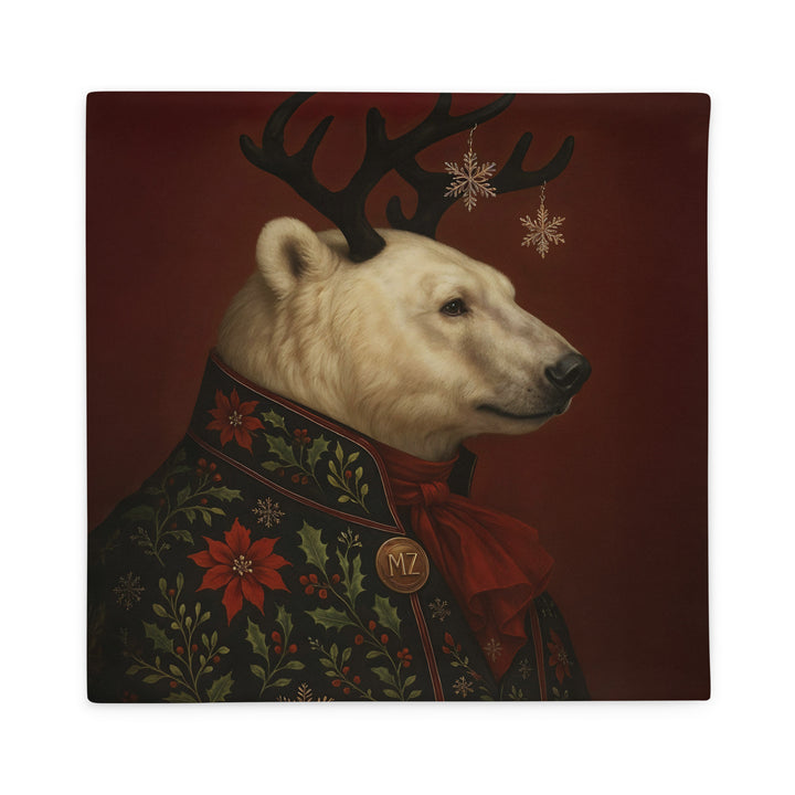 Housse de Coussin thème NOËL Mzelle Design, motif Grand Ours Polaire Balthazar  en tenue brodée motifs festifs sur fond rouge bordeaux