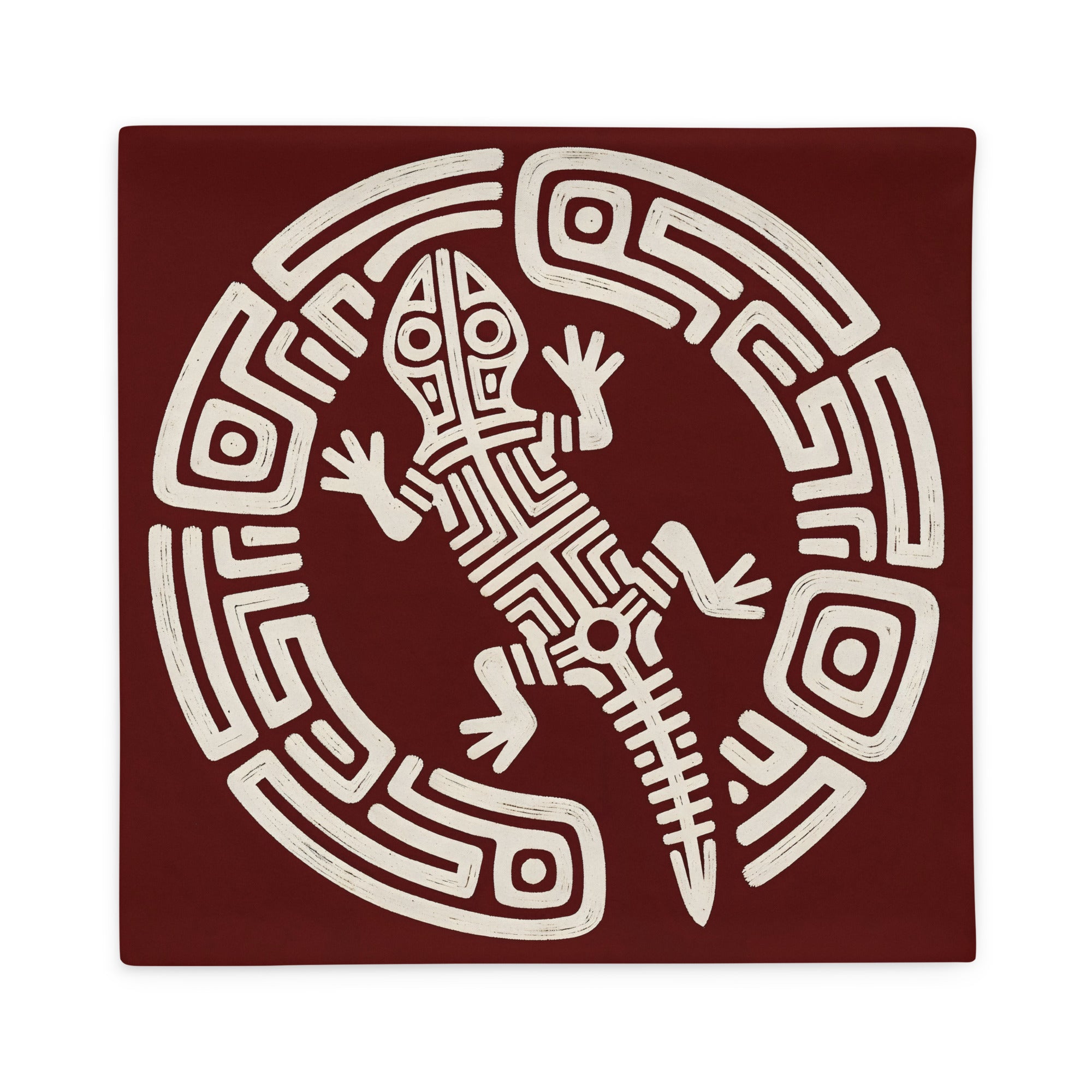 Housse de Coussin MZelle Design, Décoration Salamandre - Motif Lézard Précolombien écru sur fond rouge