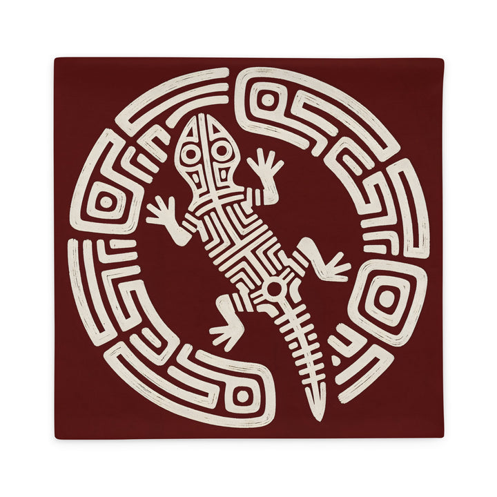 Housse de Coussin MZelle Design, Décoration Salamandre - Motif Lézard Précolombien écru sur fond rouge
