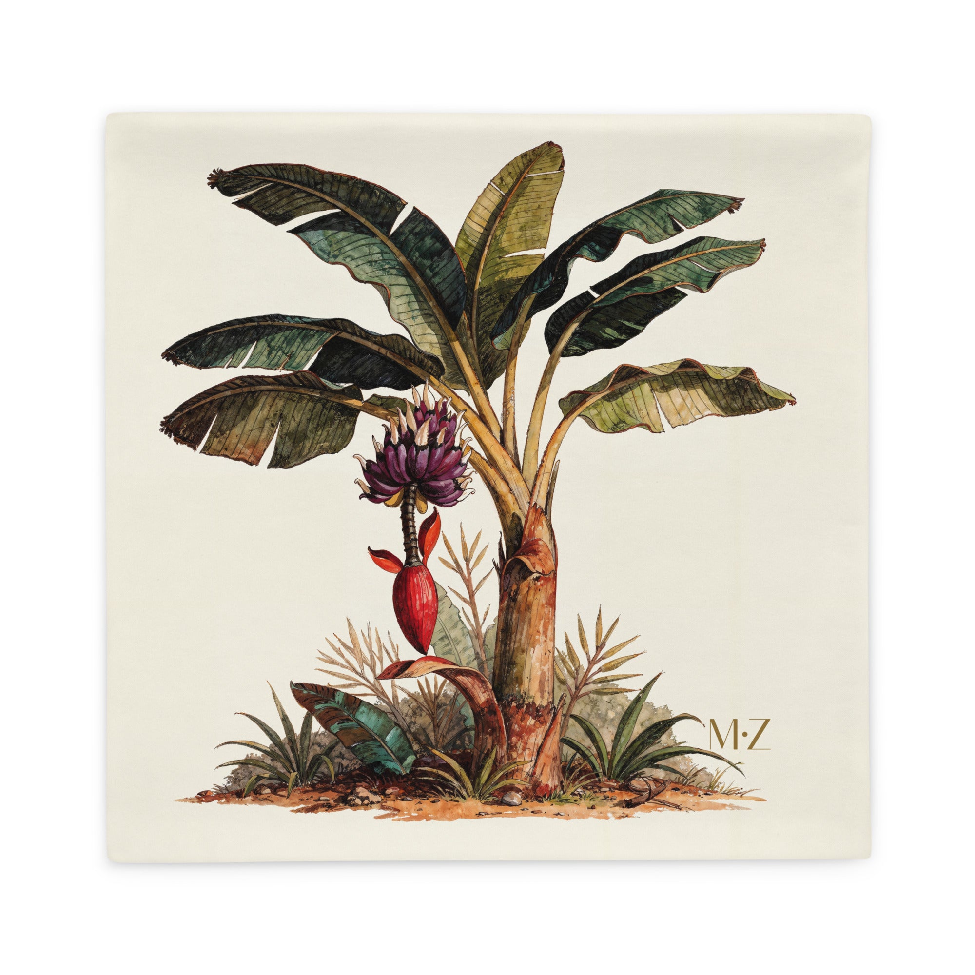 Housse de coussin carré pour décoration thème CARAÏBE Mzelle Design, motif style naturaliste aqurarelle, Bananier sur fond écru.