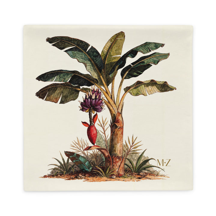 Housse de coussin carré pour décoration thème CARAÏBE Mzelle Design, motif style naturaliste aqurarelle, Bananier sur fond écru.