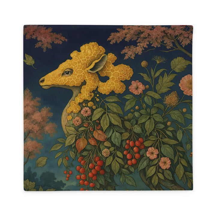 Housse de coussin Mzelle design représentant Chrysomallos, créature mythique mi-bélier mi-fleur, imprimé singulier aux accents légendaires et poétiques.