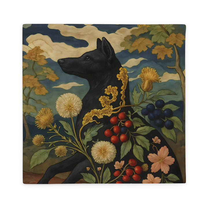 Housse de coussin Grand Chien Noir, bestiaire mystérieux et floral, alliance entre imaginaire mythologique et art décoratif.