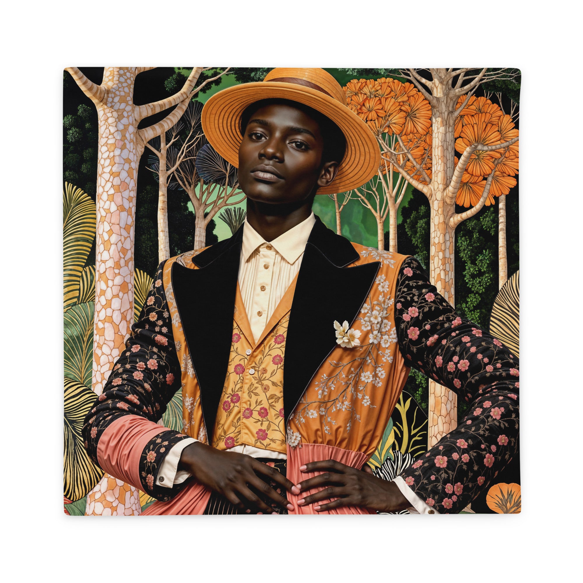 Housse de Coussin AFRIQUE marque MZelle Design - Bel africain Sapeur avec un chapeau et une tenue originale brodée