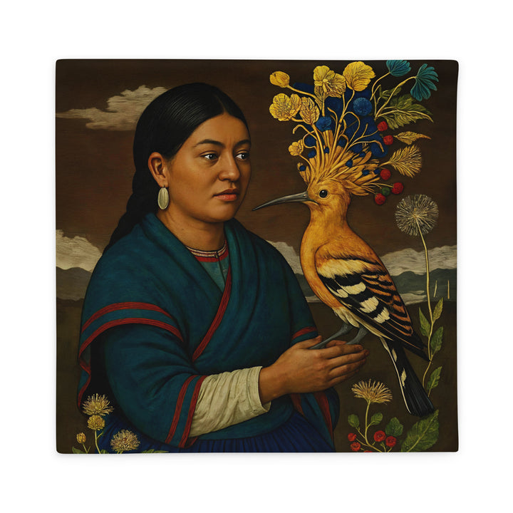Housse de Coussin décoration d'AMERIQUE LATINE marque Mzelle design, amérindienne et oiseau huppe superbe plumage avec des fleurs