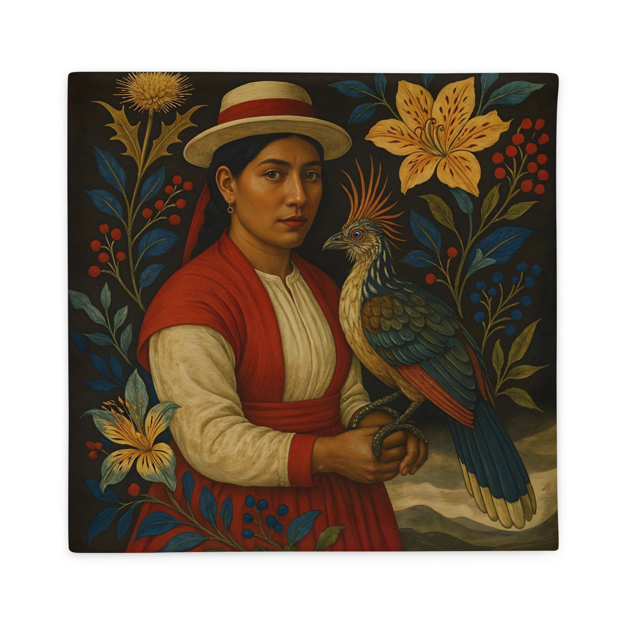Housse de Coussin carré Mzelle Design, thème décoration amérique latine avec une bolivienne vêtue de rouge et de blanc tenant un oiseau hoazin