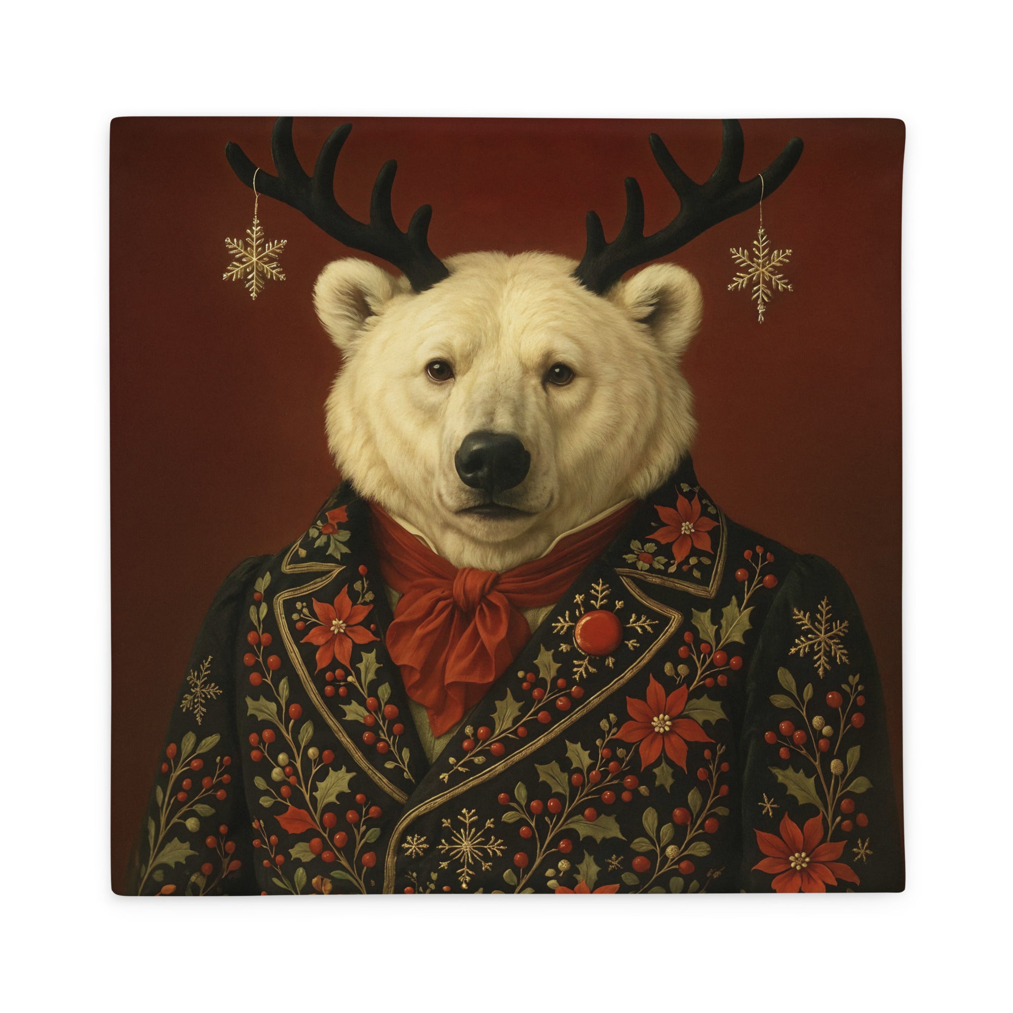 Housse de Coussin thème NOËL Mzelle Design, motif Grand Ours Polaire Balthazar  en tenue brodée motifs festifs sur fond rouge bordeaux