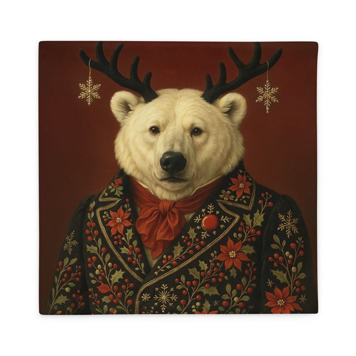 Housse de Coussin thème NOËL Mzelle Design, motif Grand Ours Polaire Balthazar  en tenue brodée motifs festifs sur fond rouge bordeaux