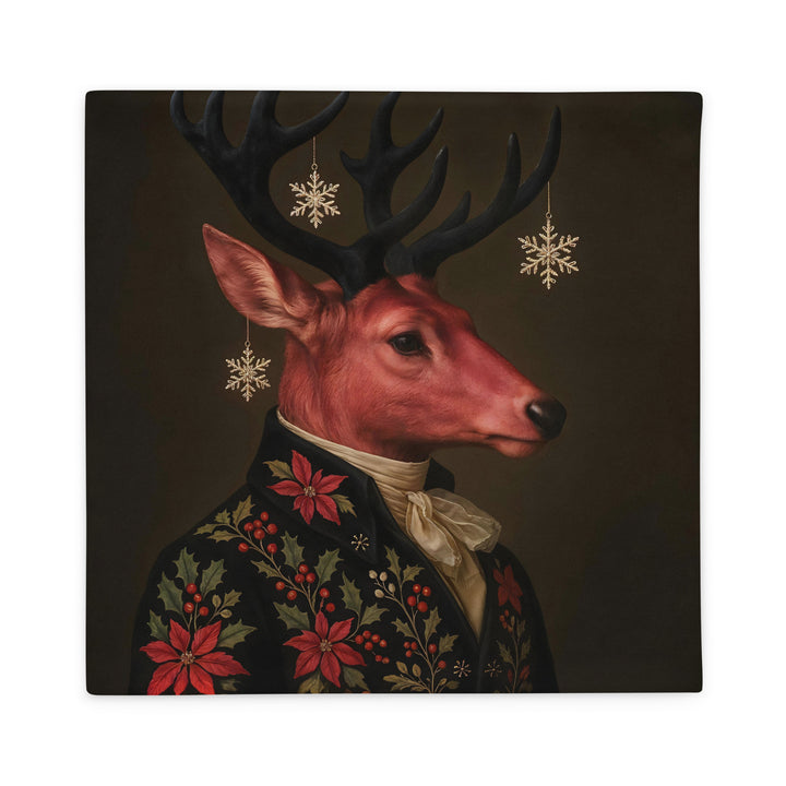 Housse Coussin de Noël MZelle Design, Cerf rose onirique en costume de fête, housse de coussin Noël surprenante, touche artistique et poétique pour une déco unique.