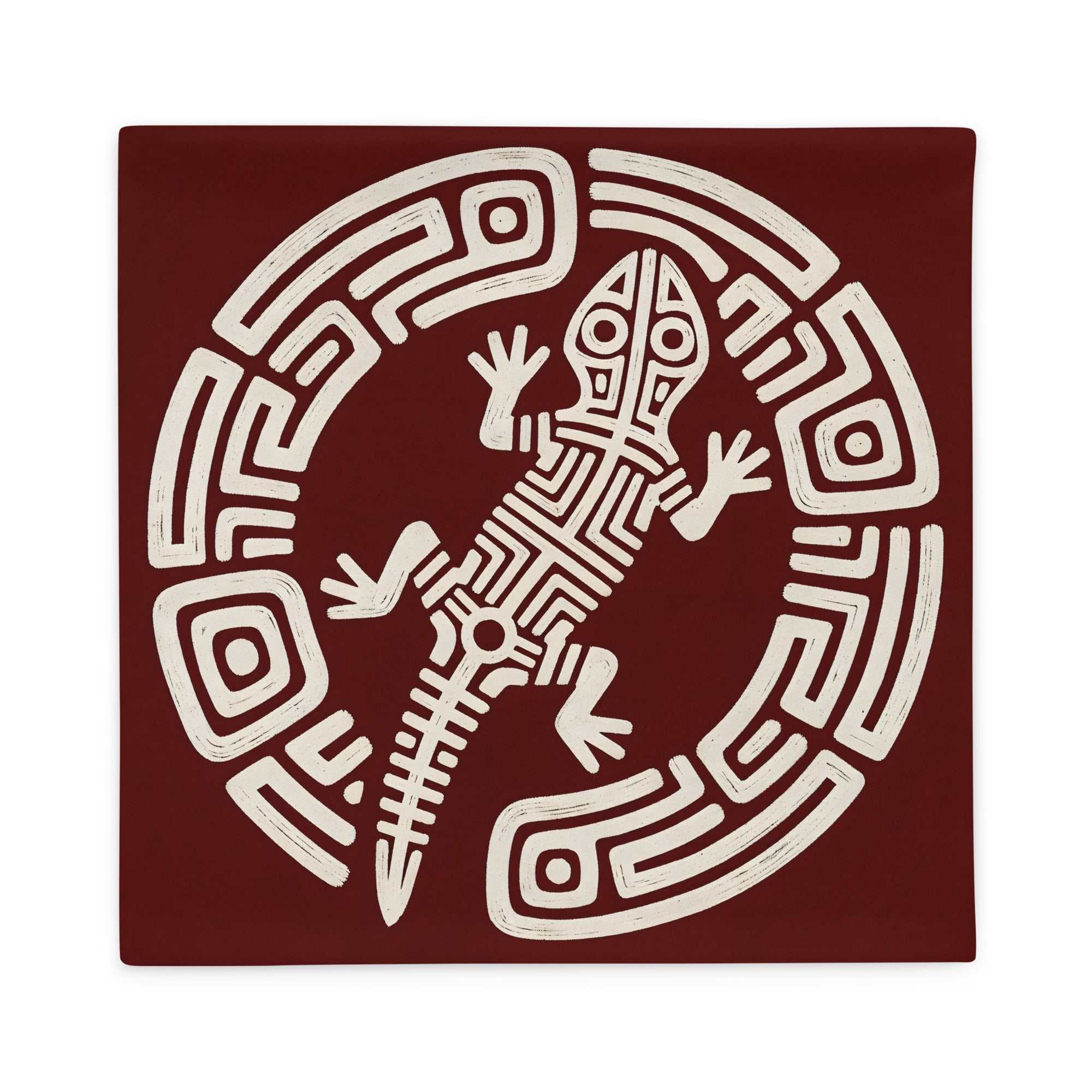 Housse de Coussin MZelle Design, Décoration Salamandre - Motif Lézard Précolombien écru sur fond rouge