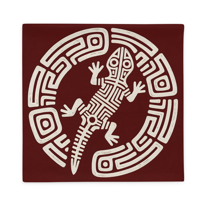 Housse de Coussin MZelle Design, Décoration Salamandre - Motif Lézard Précolombien écru sur fond rouge