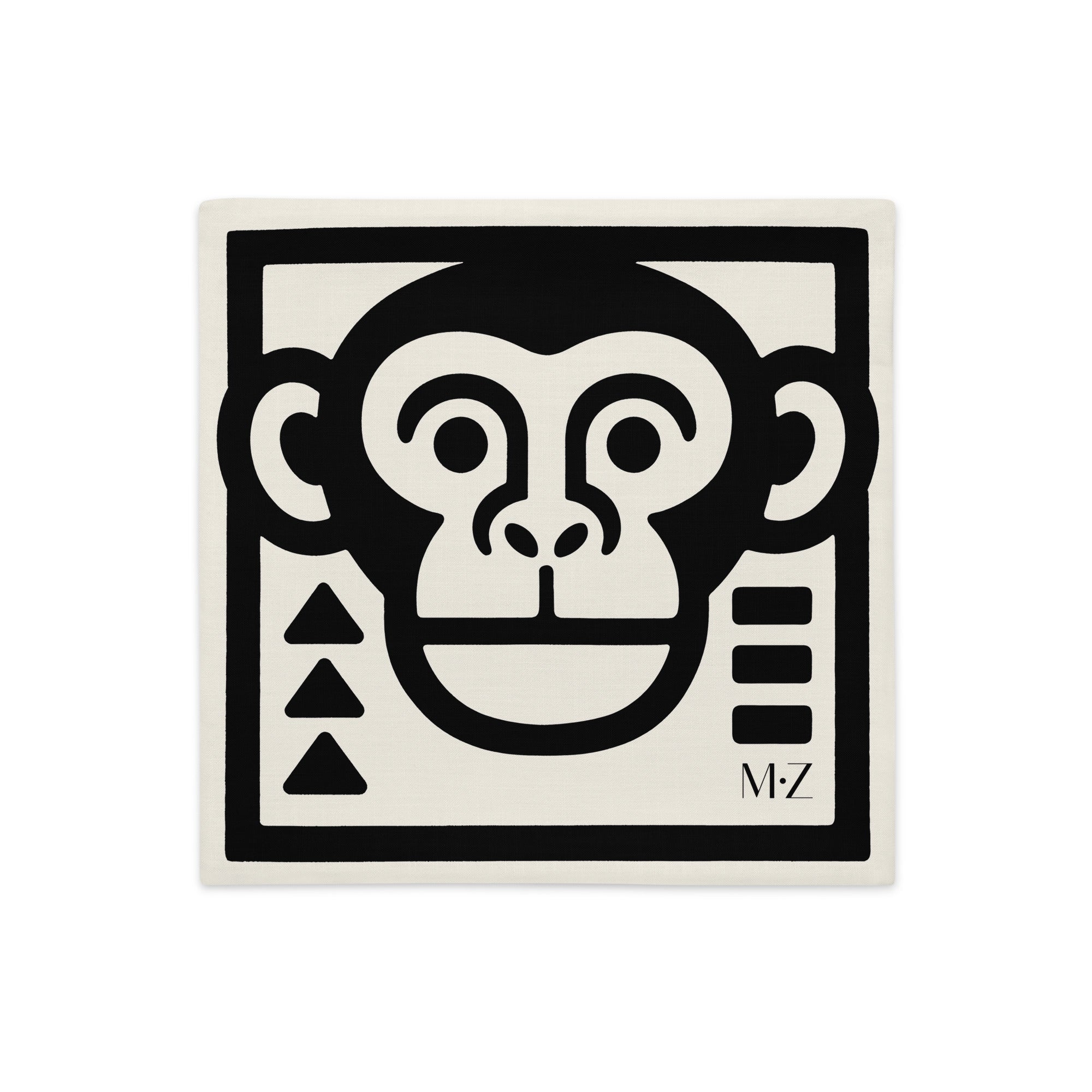 Housse de coussin graphique Mzelle Design - tête de singe stylisé bicolore noir et écru, brut et élégant, entre art tribal et design contemporain