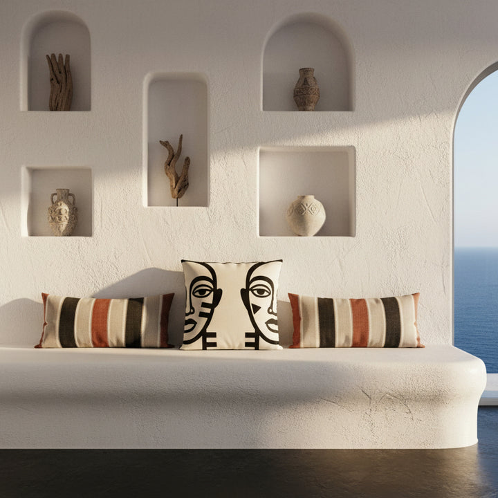 Photographie professionnelle d'une banquette moderne en maçonnerie encastrée dans un mur de chaux blanc, orné au milieu le large coussin carré, et 3 coussins à rayures dans les tons noir, rouille et ecru, autour. atmosphère accueillante.