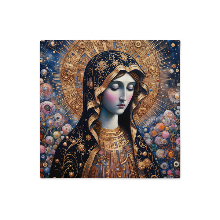 Housse de Coussin Mzelle Design, motif artistique inspiré du fauvisme, Vierge Marie entourée de fleurs