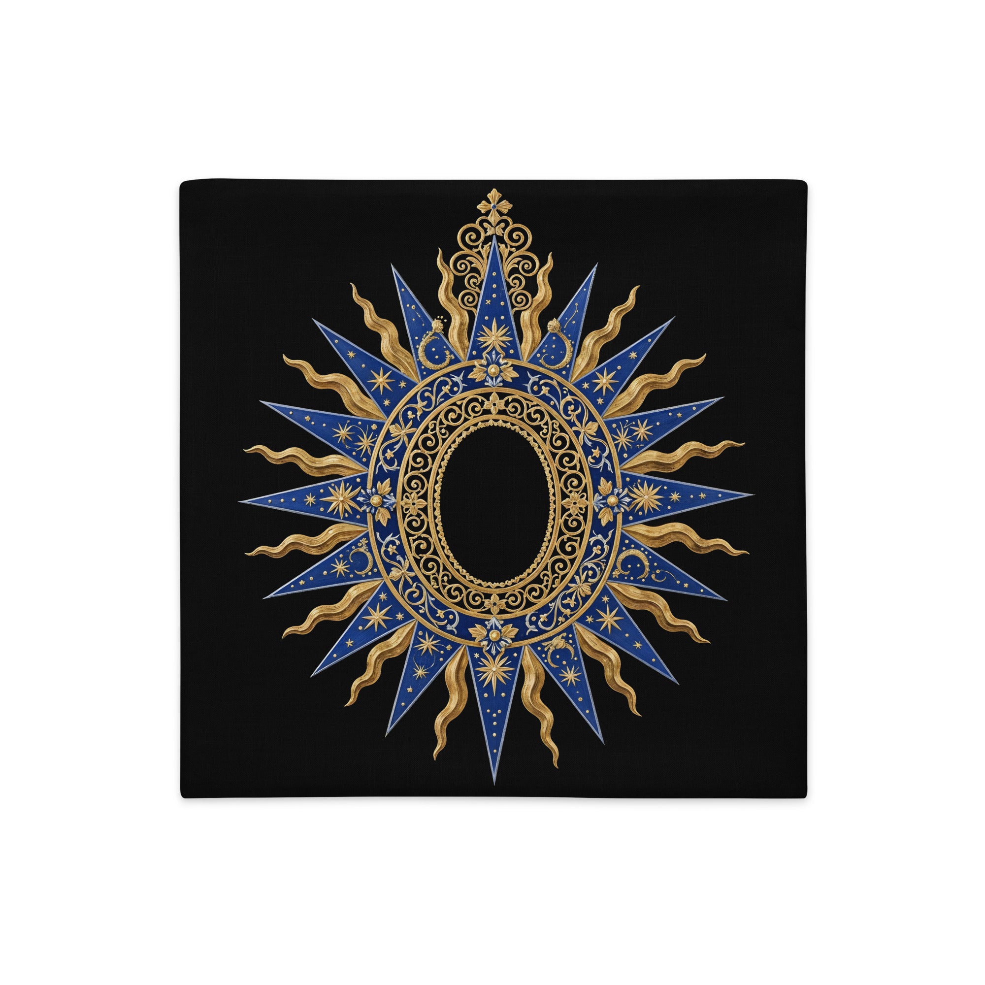 Housse de Coussin Mzelle Design, motif Médaillon doré et bleu sur fond noir