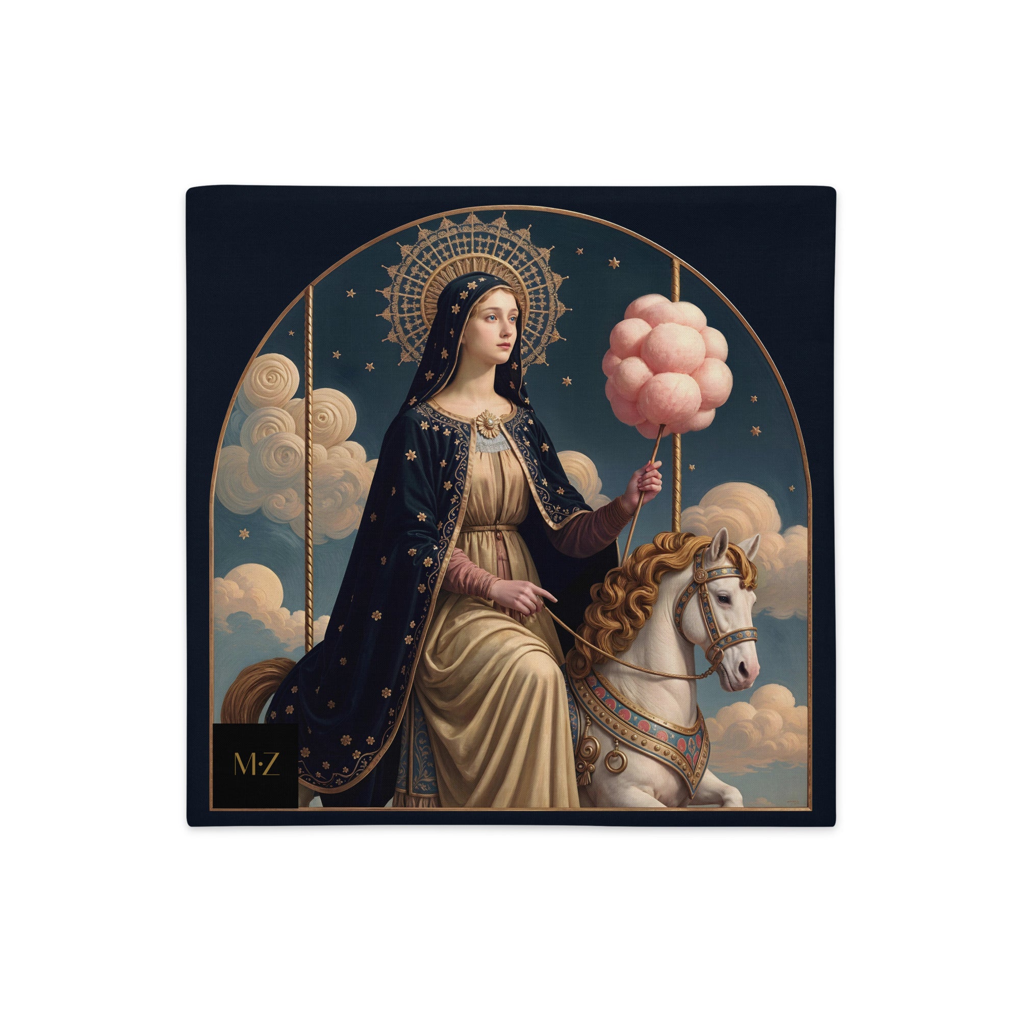Housse de Coussin POP MARY MZelle Design motif  artitique de la Vierge Marie tenat une barbapapa sur Carrousel Céleste, fond bleu nuit