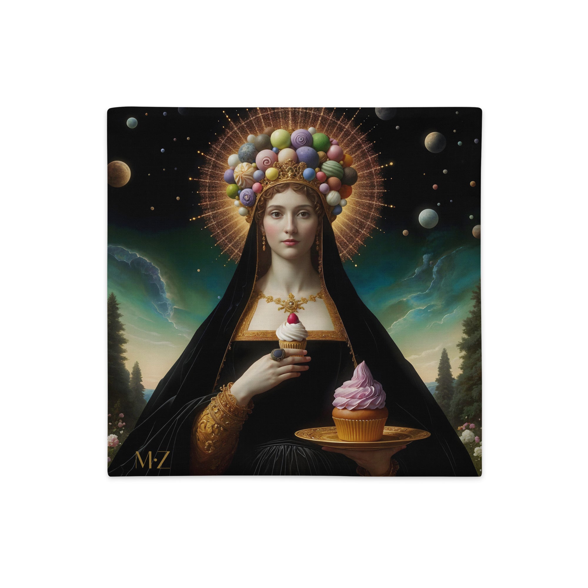 Housse de Coussin POP MARY MZelle Design, avec une Madone qui tient des Cupcakes sur fond noir