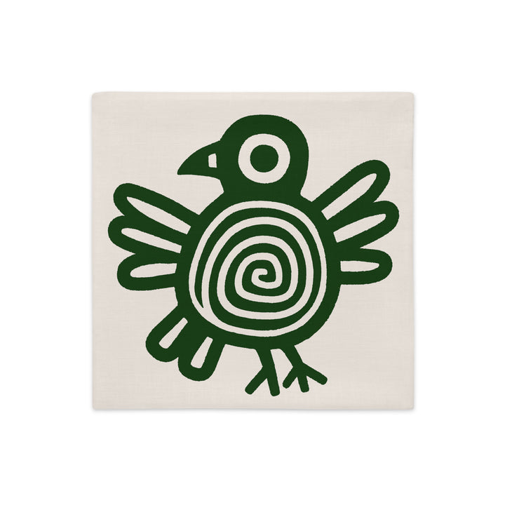 Housse de Coussin Mzelle design, Décoration Masque Précolombien et Motif Oiseau Maya fond vert et motif écru