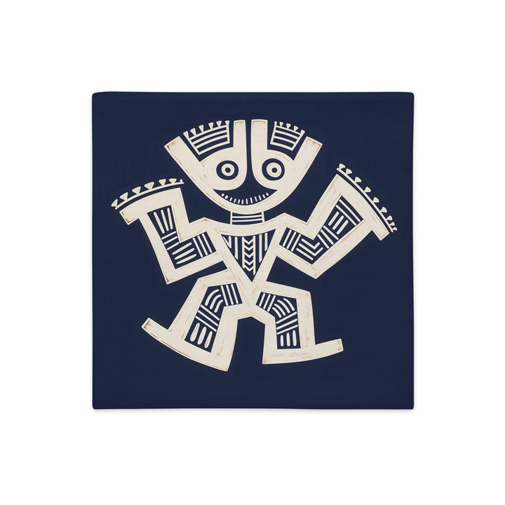 Housse de Coussin MZlle Design Décoration Ethnique Motif Précolombien ecru sur fond bleu