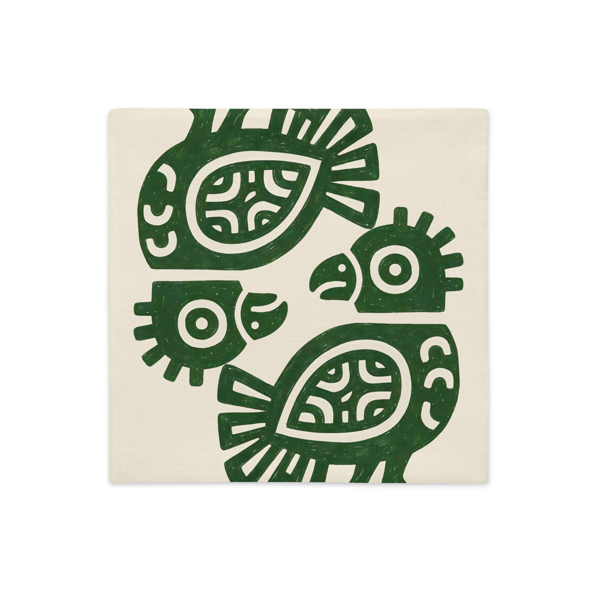 Housse décorative aspect lin MZelle design style Arts rupestres Tainos, motifs pétroglyphes, fond écru et oiseau vert