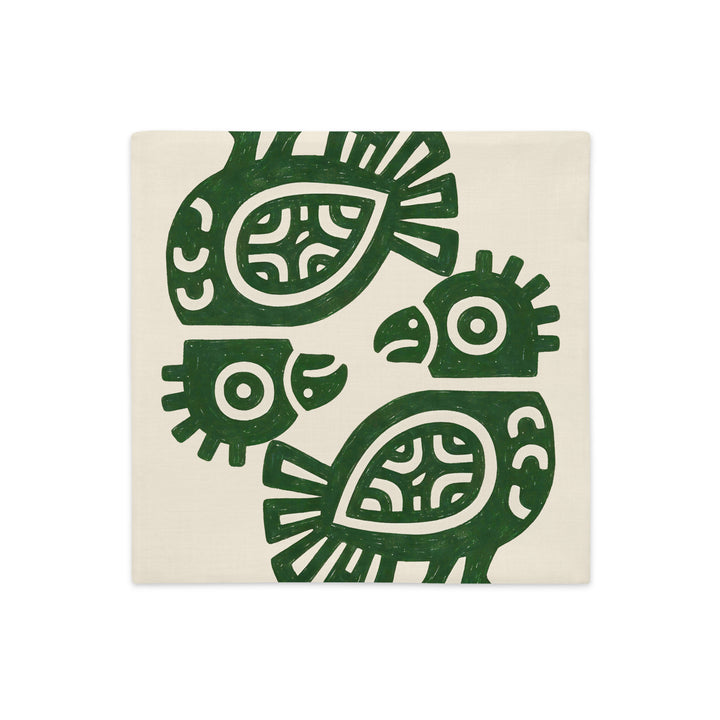 Housse décorative aspect lin MZelle design style Arts rupestres Tainos, motifs pétroglyphes, fond écru et oiseau vert